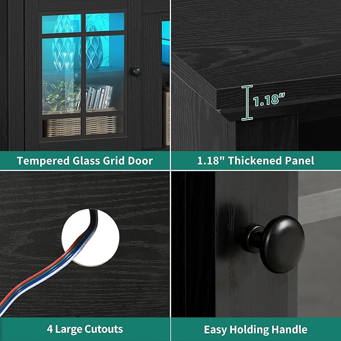 YITAHOME Black TV Stand for 75 Inch TV, LED Modern Entertainment Center with Adjustable Shelves and Glass Doors, 32'' Tall Television Stands TV Media Console Table for Living Room, Black