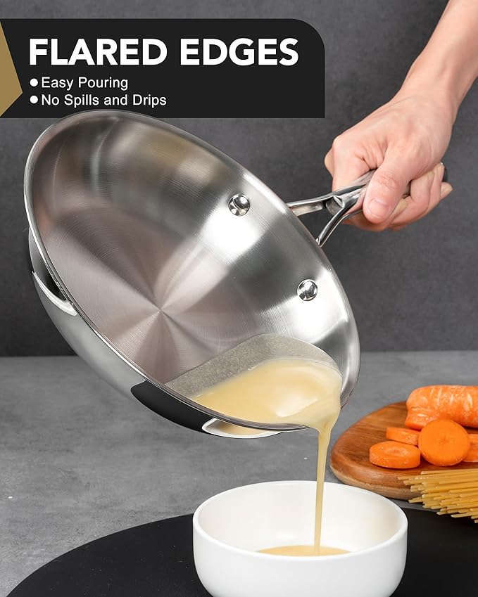 MICHELANGELO Stainless Steel 8 inch Frying Pan, Small Skillet with Triply Base, Stainless Steel Pan with Ergonomic Handle, Induction Compatible