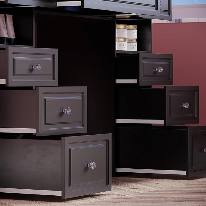 Extra Large Vanity Desk with Lighted Mirror, 47" Makeup Vanity with Glass Top, Black Vanity Table with 9 Drawers, Tall Vanity with Crystal Knobs for Bedroom (Minimalist Style)