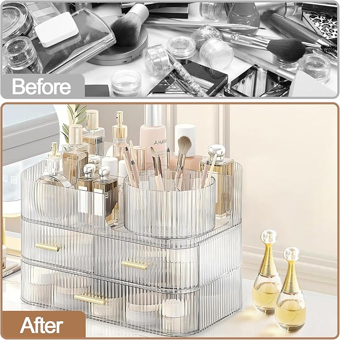 DASITON Makeup Organizer with Drawers and Rotating Makeup Brush Holder,Large Capacity Stackable Cosmetic Organizer Countertop,Bathroom Organizers and Storage,Make up Organizers for Vanity (Clear 03)