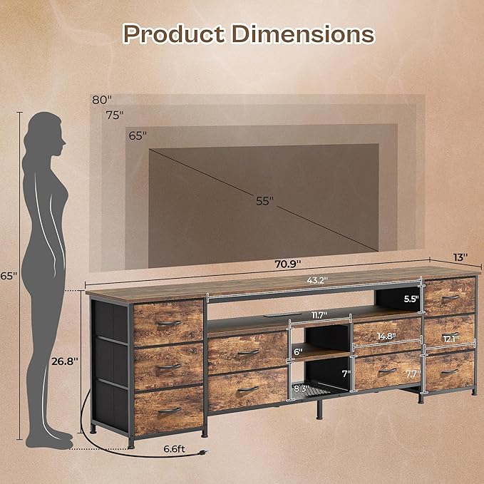 Huuger 70.9 Inch LED TV Stand Dresser with Power Outlets, USB-C Port and LED Lights, 10 Fabric Drawer Dresser for Bedroom, Long Entertainment Center for 75, 80 Inch TV, Open Shelves, Rustic Brown