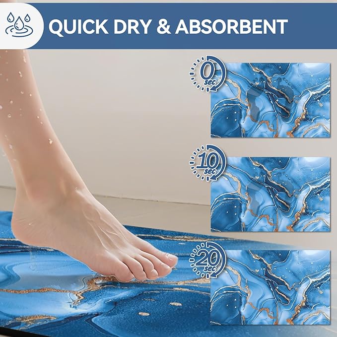 Non Slip Bath Mat Ultra Thin Bathroom Rug Fit Under Door, Rubber Backing Quick Dry Super Absorbent Washable Shower Bath Mats Blue 24x36