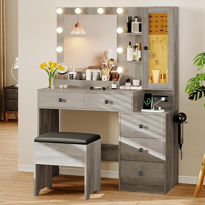 Vanity Desk with Mirror and Lights, Makeup Vanity Table Set with 5 Storage Drawers, Power Outlet & Chair, Small Dressing Table with RGB Ambient Light, Adjustable Brightness for Girls Bedroom, Grey