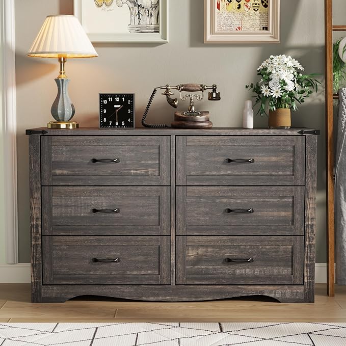 Loomie Farmhouse 6 Drawers Double Dresser for Bedroom, Modern White Dresser Chest of Drawers, Wide Dressers Organizer, Accent Storage Cabinet for Closet, Living Room, Hallway, Dark Rustic Oak
