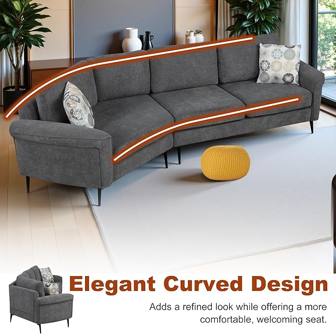 111" Sectional Couch, Upholstered Curved Sofa Couch with Two Printed Pillows, Sectional Couches for Living Room and Office, Charcoal Grey