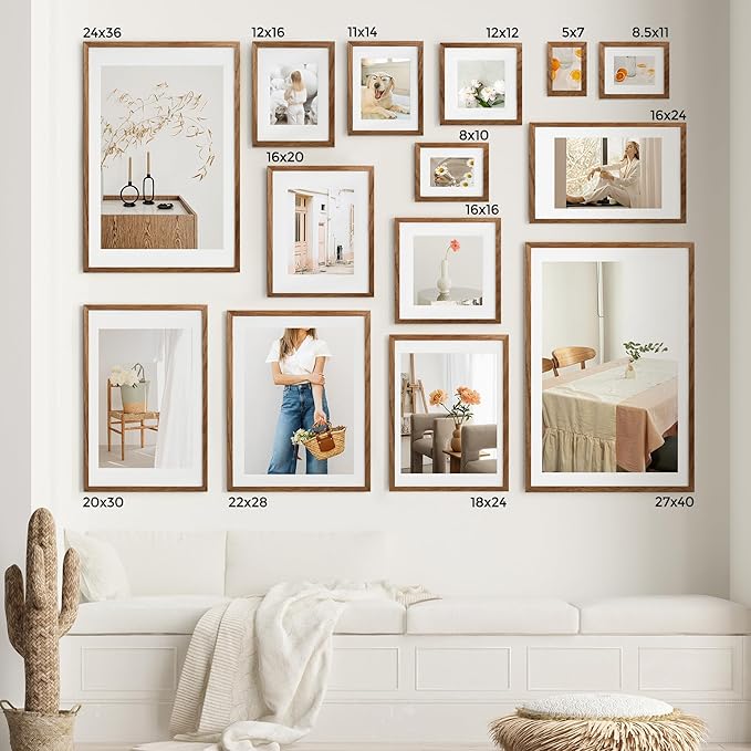 Axeman 16x24 Frame With Mat for 12x18, Solid Oak Wood 16x24 Poster Frame With Tempered Glass, 16 x 24 Picture Frame for Wall, 16 by 24 Wood Frame Home Decor, Hanging Hardware included, 2 PCs, Walnut