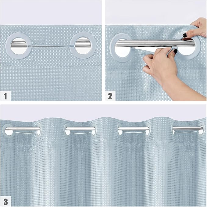 MitoVilla No Hooks Needed Blue Waffle Shower Curtain with Snap-in Liner, Modern Waffle Weave Heavy Duty Fabric Cloth Shower Curtain for Luxury Neutral Hotel Spa Bathroom Decor, 72 x 74, Fog Blue
