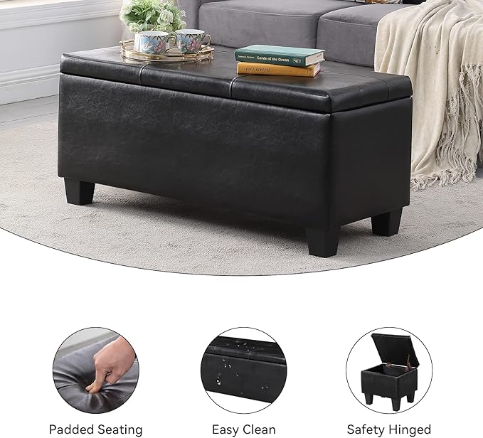 Storage Ottoman Set of 3, 38'' Button-Tufted Coffee Table Bench with 2pcs Nesting Foot Stools, for Living Room Couch, Bedroom, End of Bed (Black - PU Leather)