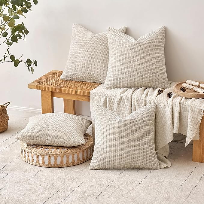 MIULEE Pack of 4 Couch Throw Pillow Covers 18x18 Inch Cream Soft Decorative Chenille Pillow Covers Farmhouse Accent Cushion Covers for Boho Home Decor Sofa Bedroom Living Room