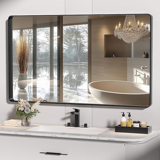 Hasipu Black Bathroom Mirror for Wall, 51 x 30 Inch Metal Framed Bathroom Mirrors for Over Sink, Rectangle Bathroom Vanity Mirror, Anti-Rust, Tempered Glass, Horizontal or Vertical