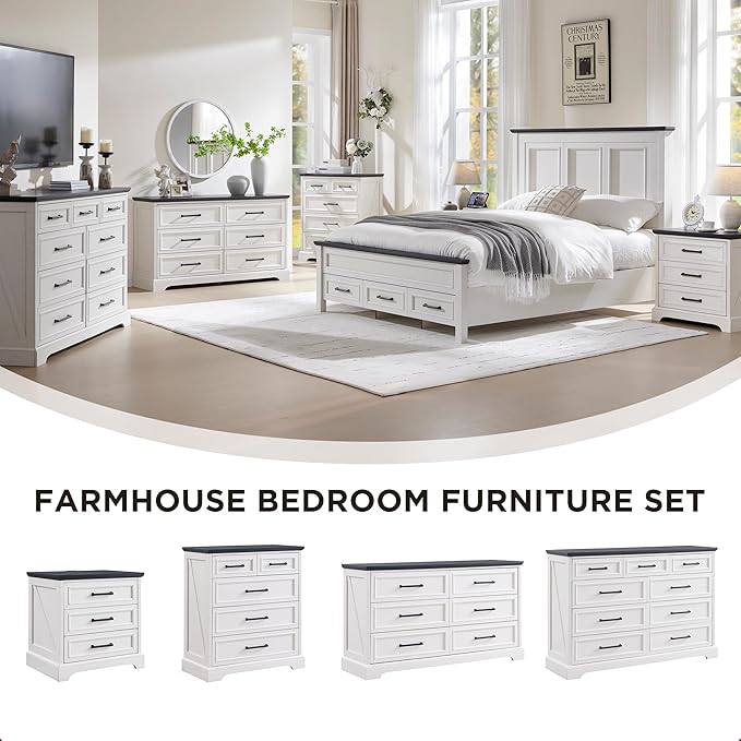 ACCOHOHO Farmhouse Nightstand with Charging Station, 22 Inch Wide End Table with 3 Large Drawers & Bar Handles, Rustic Wood Small Dresser Chest of Drawers for Bedroom, Living Room, Closet, Off White