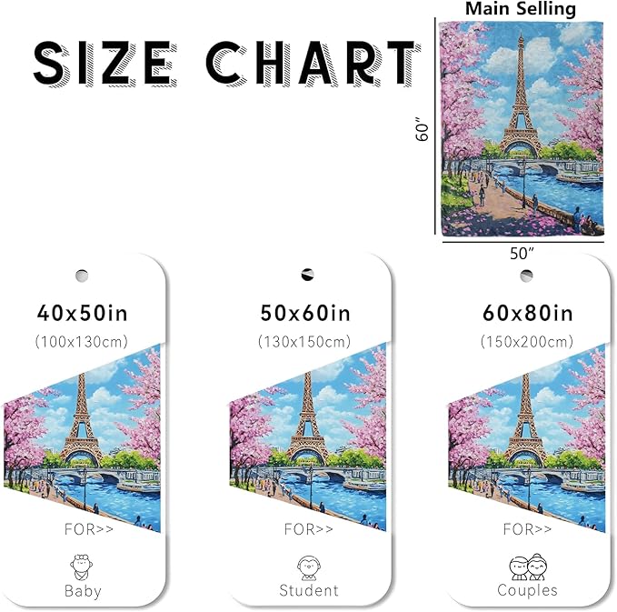 Romantic Paris Eiffel Tower Blanket, Cozy Flannel Throw Blanket with Cherry Blossoms for Couch Outdoor, Plush Soft Lightweight Travel Blankets for Bed Decor and Gifts, for Women Adults 50"x60"