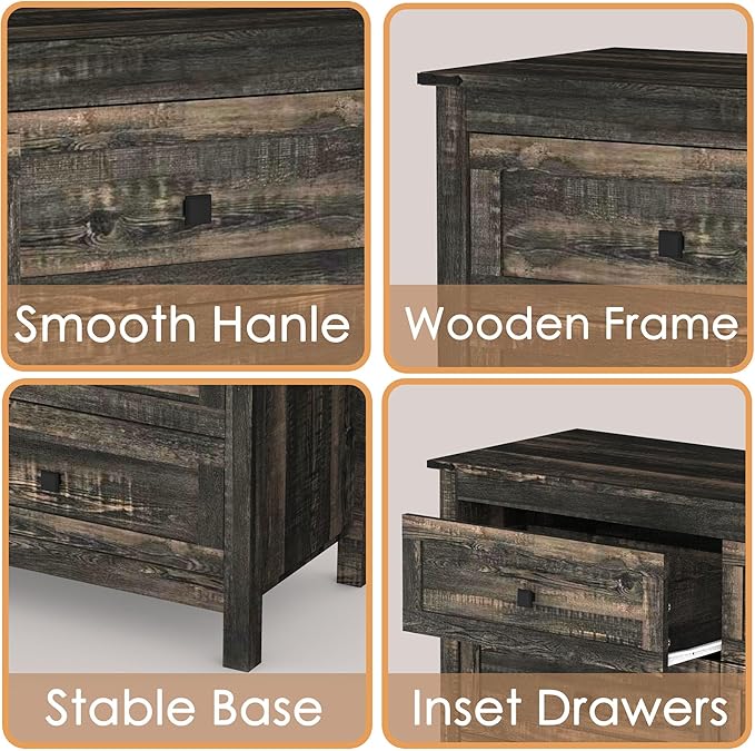 Farmhouse 6 Drawer Dresser & 2 Nightstand Set for Bedroom, Wood Dresser with Metal Handle for Bed Room, Hallway, Light Black Rustic Oak