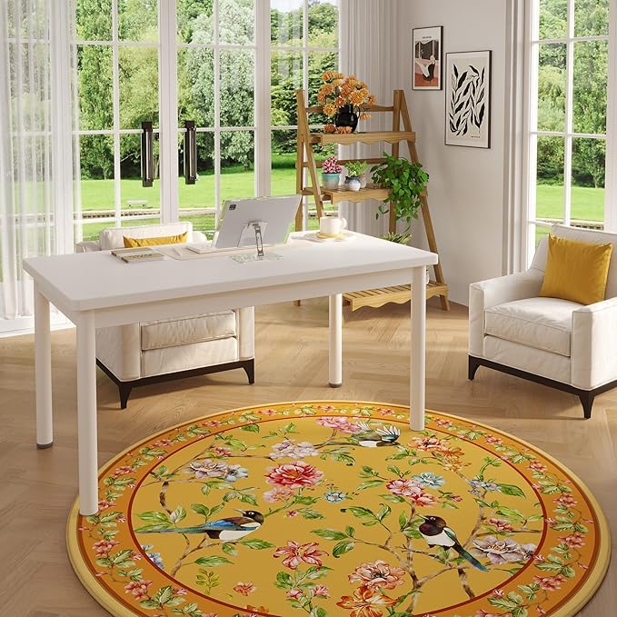 Round Rug 4ft Washable Circle Rug Non Slip Low Pile Floral Bird Magpies Animal Small Circular Rug for Bedroom, Bathroom, Entryway, Kids Room, Office, College Dorm (Yellow)