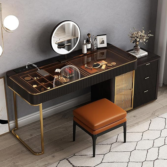 Larits Makeup Vanity with Stool, Very Easy to Assemble, Dressing Table in one, Super Storage with LED Light Vanity Mirror with ash Full Solid Wood upholstered Vanity Stool (Black Brown, 53 in)
