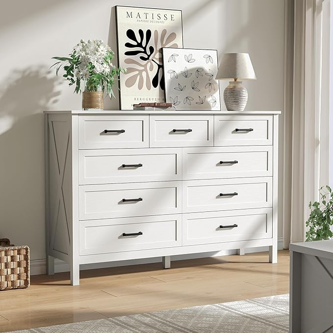 Farmhouse 9 Drawers Dresser for Bedroom, 37 Inch Tall Wood Rustic Wide Chest with Natural Texture, Large Dressers for Bedroom, Hallway, Entryway, White