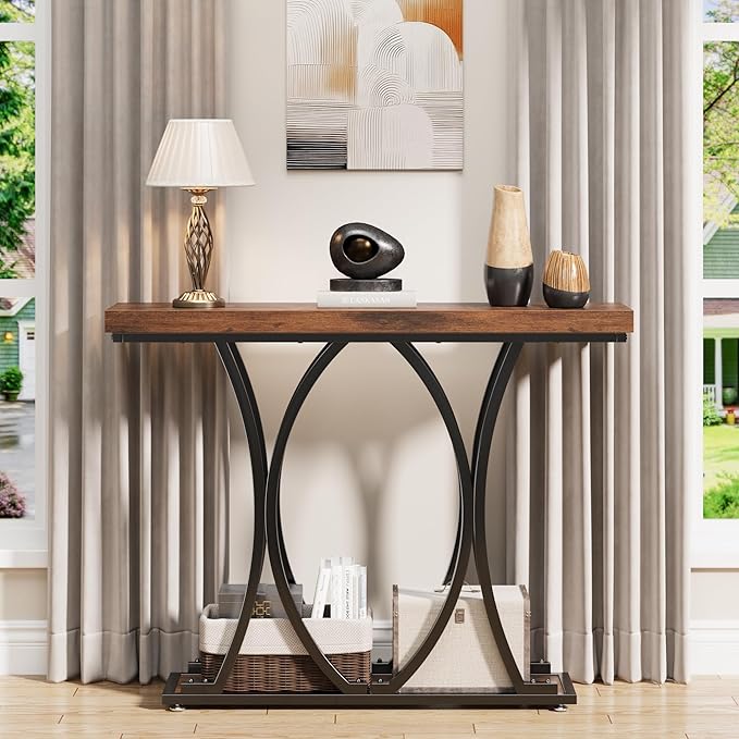 JUSTOGO 41.3" Industrial Entryway Table, Narrow Wood Sofa Console Table with Geometric Metal Legs and Ellipse Base, Living Room Furniture for Foyer, Hallway, Entrance, Rustic Brown