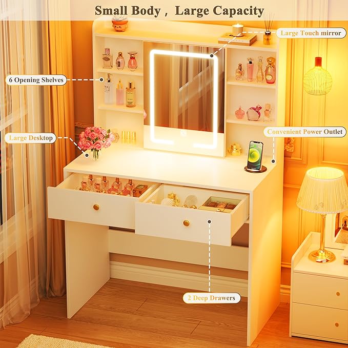 Vanity Desk with Mirror and Lights, 31" Makeup Vanity Desk with Lights 3 Colors, Small Vanity with 2 Storage Drawers & 6 Shelves for Girls Women Bedroom, White