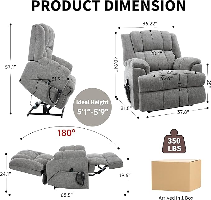 Luxlen Power Lift Recliner Chair for Elderly, Heat Massage Recliners, Dual Motor Oversized Lift Chair, Medium-Firm Electric Lift Recliners with Remote - Greyish