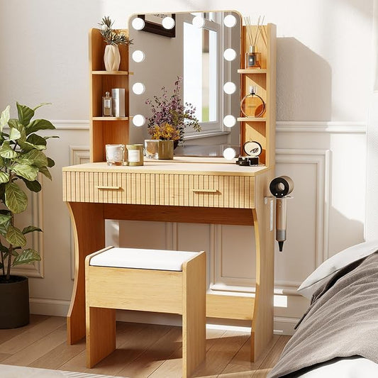 Small Vanity Desk with Mirror and Lights, Makeup Vanity Desk with 3 Color Modes Adjustable Bulb, 2 Large Drawers and 4 Open Storage Shelves, Natural Vanity with Charging Station for Bedroom