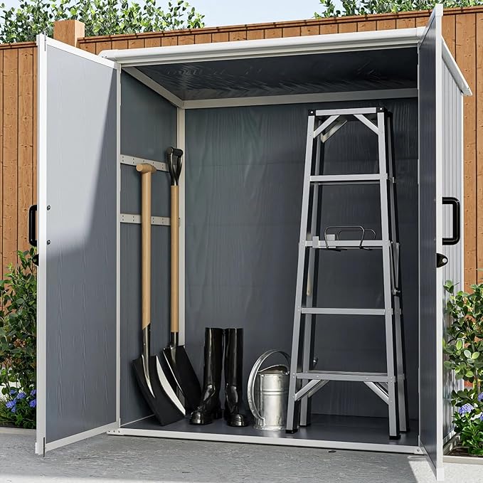 5x3 FT Resin Outdoor Storage Shed with Floor, Resin Cabinet with Lockable Doors, Waterproof Plastic Bike Tool Shed Easy to Install for Patio Furniture, Bikes, Grey