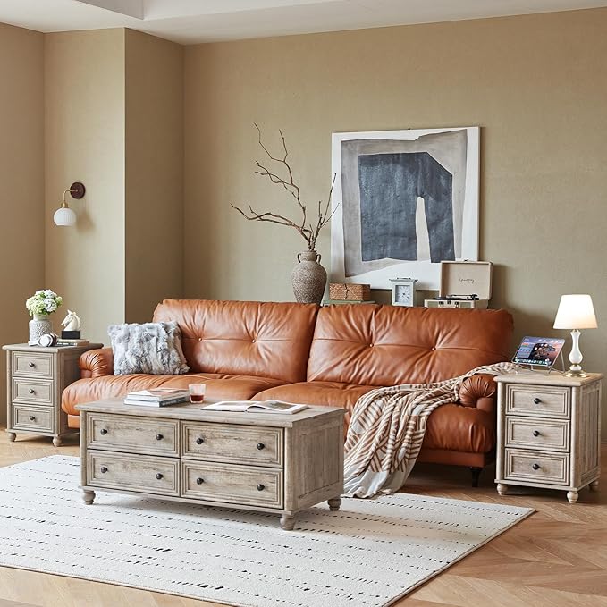 Farmhouse Dressers & Night Stand Set of 3, Wood 54" Wide Dresser & 43.5"Tall Chest of Drawers, 18" Roman Column Nightstand, Bedroom Furniture 7 Drawer Dresser Set for Bedroom Home Living Room Hallway