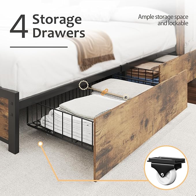 HISOFT Full Bed Frame with Headboard, Wood Bed Frame with High Storage Bookcase, 4 Storage Drawers & LED & Charging Station,No Box Spring Needed/Noise Free/All-Metal Support, Vintage Brown