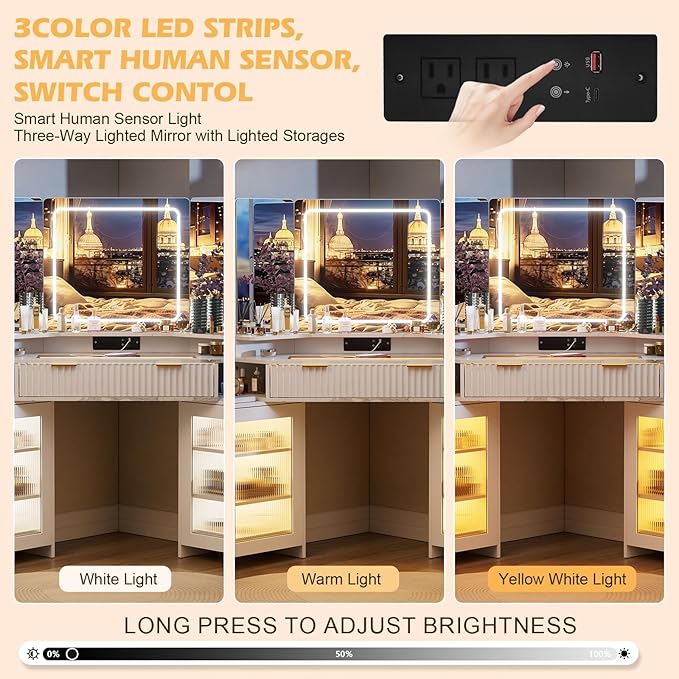Corner Vanity Desk with 3 Way Mirror & LED Light, Fluted Makeup Vanity with Glass Top, Charging Station, Large Drawer & 2 Sliding Storage Cabinets with Human Sensor Light, White Marble