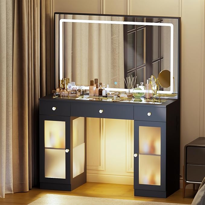 Pamapic Makeup Vanity with Lighted Mirror, Glass Top Vanity Desk with Power Outlet, 3-Drawer Black Vanity Table with 3 Color Modes Adjustment, Makeup Desk
