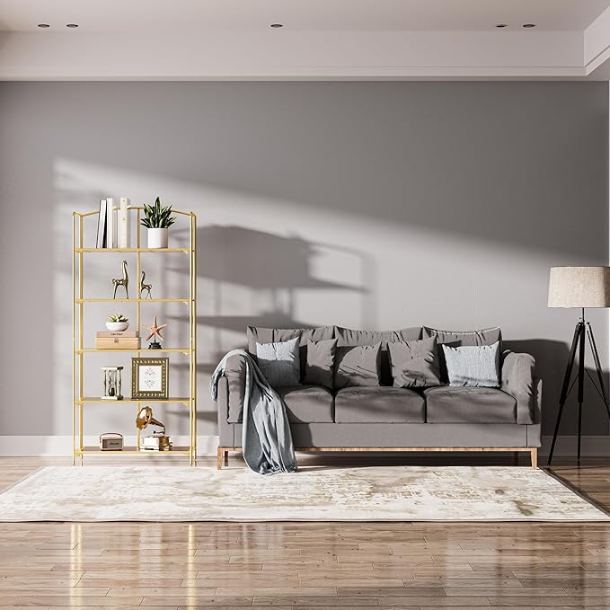 Crofy No Assembly Folding Bookshelf for Living Room, 5 Tier Gold Collapsible Book Shelf for Home Office, Portable Bookcase Storage Organizer