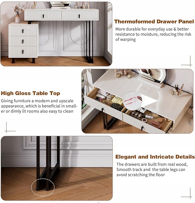 Vanity Desk with Mirror and Lights| Small Makeup Vanity Set with Adjustable Cabinet & 5 Drawers Storage| Modern Dressing Table for Small Spaces & Bedroom(White and Black)