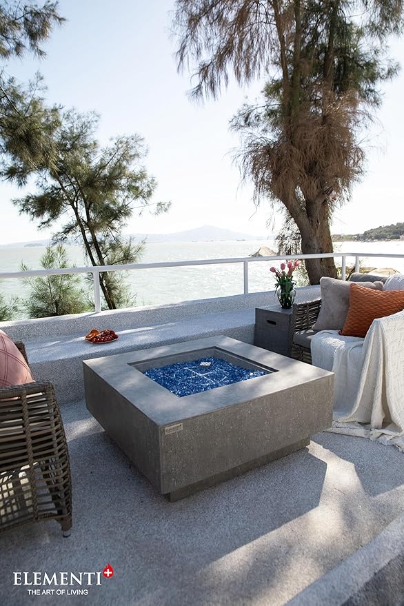 Elementi+ | Bundle Victoria Gas Fire Pit Cast Concrete 40" Square Fire Table, Outdoor Fire Pit Electronic Ignition | Canvas Cover, Fire Glass and Burner Lid Included | Light Gray | Natural Gas