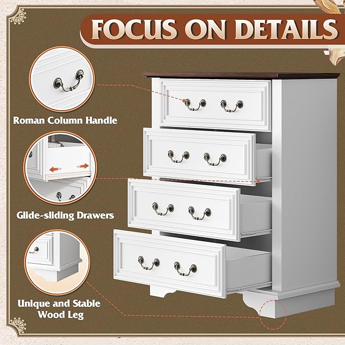 WLIVE Farmhouse Dresser for Bedroom, Tall Wood Dresser with 4 Drawers, Chest of Drawers with Roman Metal Handle for Living Room, Hallway, Closet, White