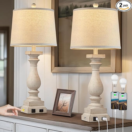 28" Tall Farmhouse Table Lamps Set of 2 with USB C+A Ports and AC Outlet, 3 Way Touch Control Rustic Bedside Lamp for Bedroom, Beige Vintage Nightstand Lamp for Living Room Office