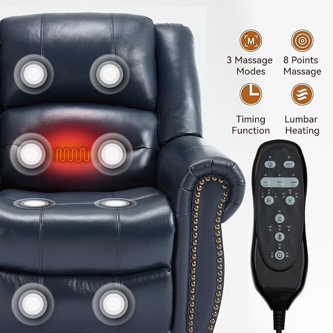 Power Lift Recliner Chair for Elderly, Dual Motor Massage Recliner with Lumbar Heat, Heavy Duty Motion Mechanism Lift Chair with Charge Ports, Genuine Leather - Blue