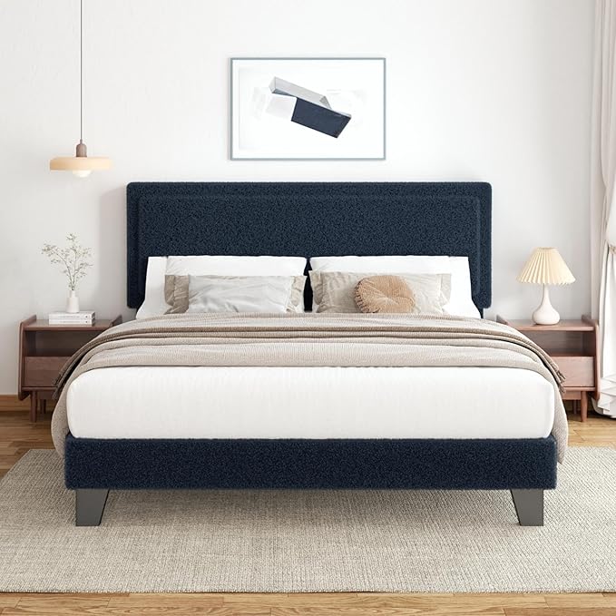 King Size Bed Frame and Headboard, Boucle Upholstered Platform Cloud Bed Frame with Headboard, Soft Teddy Fabric, Modern Style, No Box Spring Required, Easy Assembly, Blue-Black