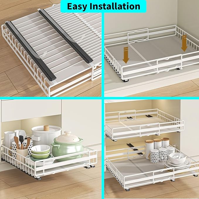 DREMAK Pull Out Cabinet Organizer, 2 Pack Expandable Pull out Drawers for Cabinets, Upgrade 3 Slide Rails Adhesive with Film No Drill, Adjustable Width 12.2"-20.1"