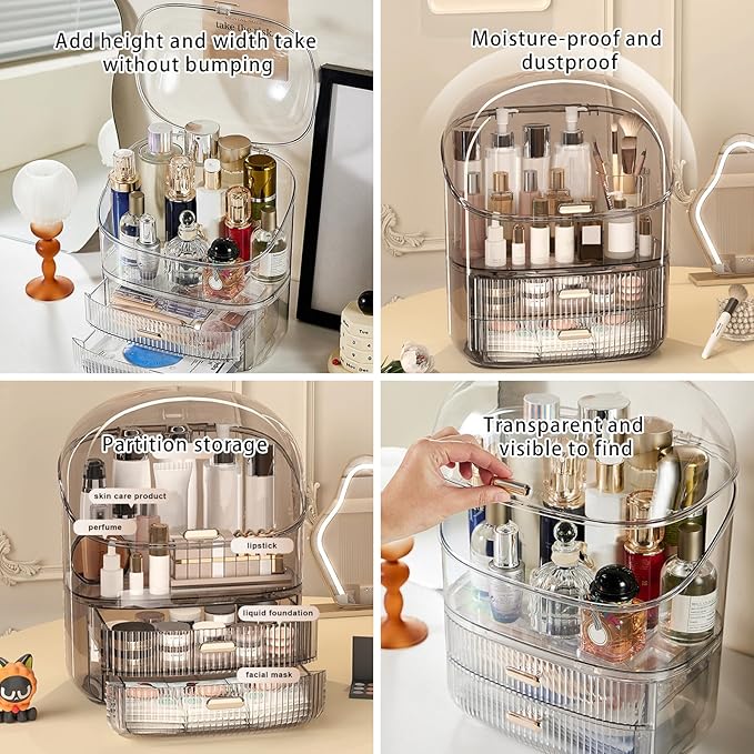 DASITON Makeup Organizer for Vanity,Large Capacity Cosmetic Organizer for Countertop,3 Layers Makeup Storage Organizer,Waterproof & Dustproof Cosmetic Display Case for Bathroom,Dresser,Bedroom(Clear)