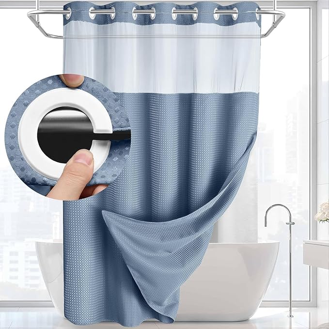 YellyHommy No Hook Shower Curtain with Snap in Liner Set Less Waffle Shower Curtain for Bathroom (Sky Blue, 81" L x 72" W)
