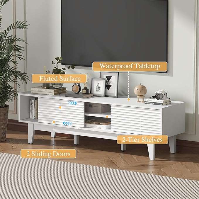 Wooden Fluted TV Stand for 55 65 70 inch TV, Long & Large TV Media Console Table with Storage Cabinets, Boho Farmhouse Entertainment Center for Living Room, Bedroom - White