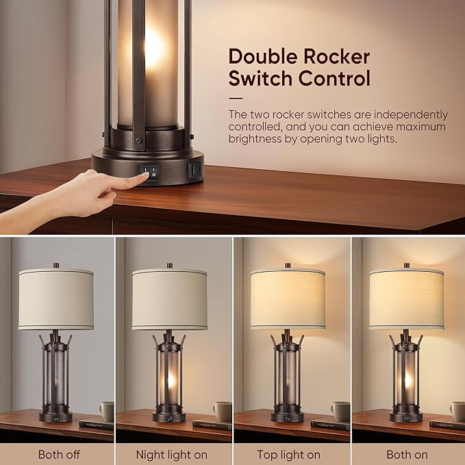 QiMH Farmhouse Table Lamps Set of 2 for Living Room, Beside Lamps for Bedroom with USB A+C Charging Ports, Rustic Nightstand Lamp with Frosted Glass Night Light, 4 Bulbs Included (Oil Rubbed Bronze)