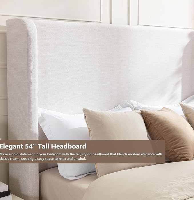 King Size Upholstered Bed Frame with 54" Tall Wingback Headboard, Chenille Fabric, Sturdy Metal and Wood Support, Solid Wood Feet, Box Spring Required (Ivory White Chenille, King)