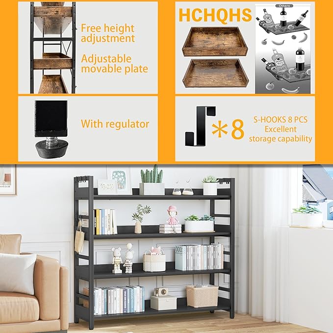 HCHQHS Bookshelf, Adjustable Industrial Bookcase, Vertical Tall Book Shelf, Wood and Black Metal Open Bookshelves for Home Office, Living Room, Bedroom (Black, 4-Tier (47" W x 44" H))