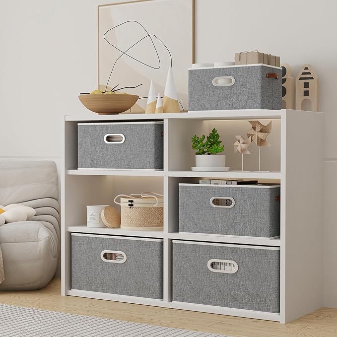 Yawinhe Fabric Storage Baskets, Foldable Closet Organizer for Shelves, Large Boxes with 3 Handles, Canvas Bins for Clothes, Grey, 12.99''Lx9.05''Wx7.87''H, 4-Pack