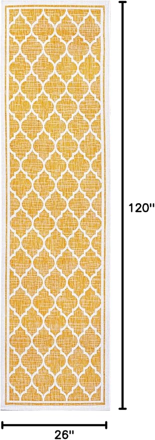 Eyely BMS109F-210 Santa Monica Trebol Moroccan Trellis Textured Weave Indoor/Outdoor Runner Rug Coastal;Bohemian, Bedroom, Backyard, Patio, Easy-Cleaning, Non-Shedding, 2 X 10, Yellow/Cream