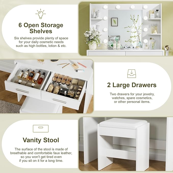 YESHOMY Vanity Desk with Mirror, Makeup Table with 2 Large Drawers, Power Outlet and Round Holder, 3 Color Modes Adjustable Bulb, Bench Included, White