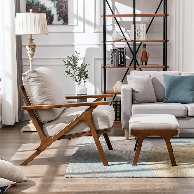 Wahson Mid Century Arm Chair and Ottoman Set, Upholstered Accent Armchair with Wood Frame and Canvas Cushions, Leisure Slipper Chair for Living Room/Bedroom, Beige