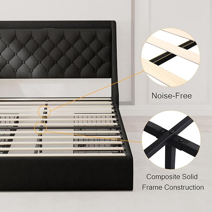 King Size Bed Frame with 4 Storage Drawers, Upholstered Bed Frame with Wingback Headboard, Charging Station, No Box Spring Needed, Easy Assembly, Black
