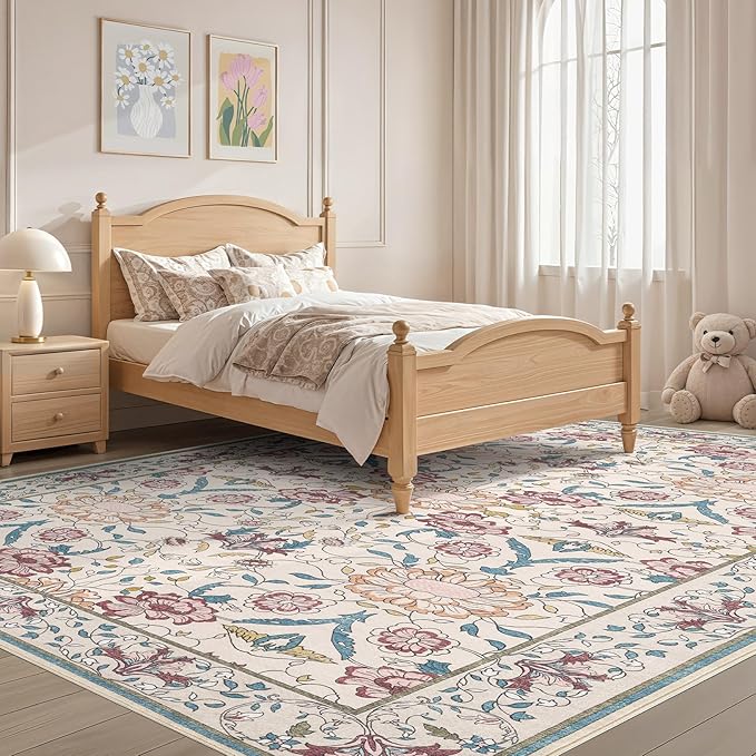 Nursery Rug 10x14 for Kids & Girls - Washable Vintage Large Floral Area Rugs - Ultra Thin Stain Resistant Non Slip Carpets for Kids Playroom, Living Room, Bedroom, Dining Room, Office - Floral Multi