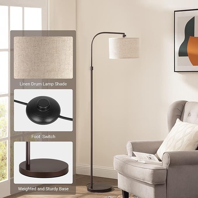 EDISHINE Arched Floor Lamps for Living Room, Standing Tall Arc Lamp with Adjustable Linen Shade, Minimalist Reading Light for Corner, Over Couch Arched Lamp for Bedroom, Office, Kids Room, Bronze